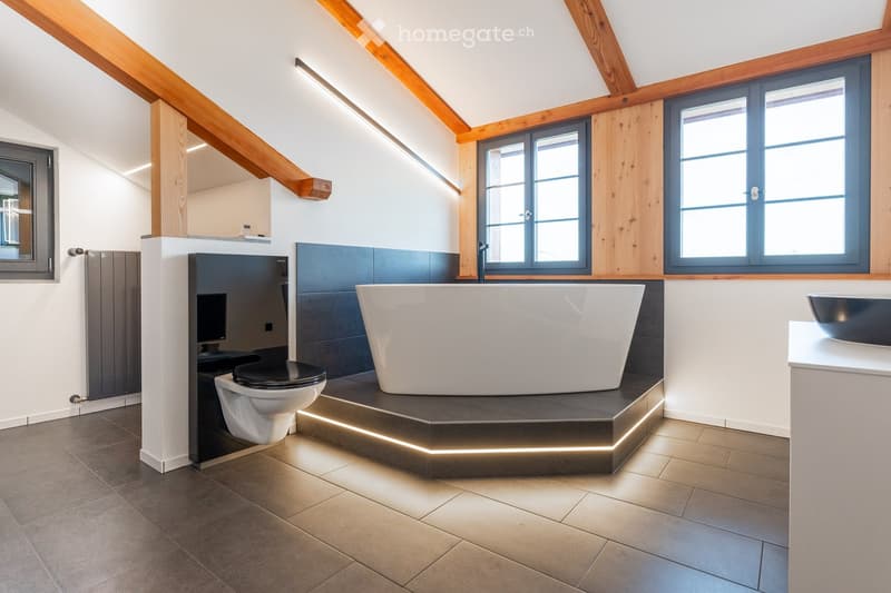 modern design, wooden ceiling, bathtub, toilet, double sink, illuminated shelf, radiator, gray tiled floor, illuminated undertub, windows