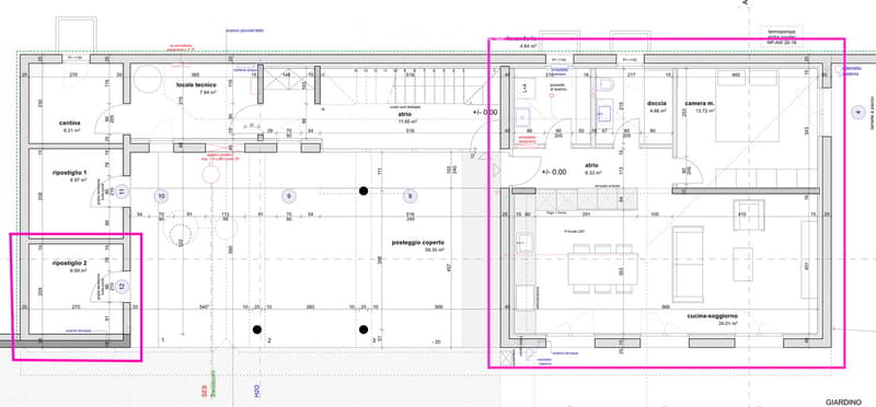 Floor plan of a residential unit showing multiple rooms including kitchen, living room, bedrooms, bathrooms, and technical room.