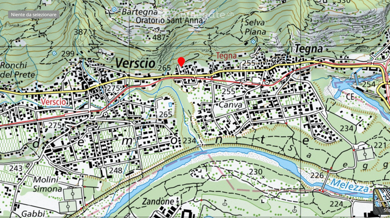 Topographic map showing the town of Verscio and surrounding areas, including roads, elevation contours, and landmarks such as Oratorio Sant'Anna and Molini Simona.