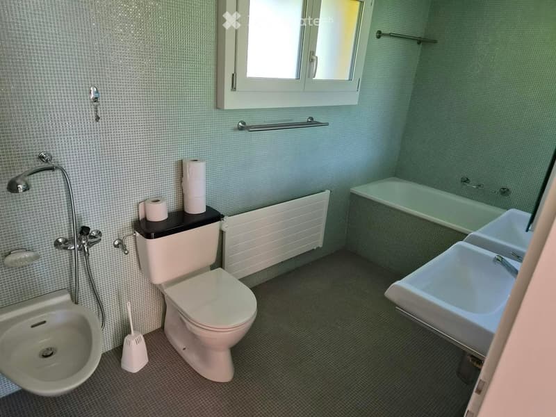 Bathroom with a toilet, bathtub, sink, shower, toilet paper, radiator, and toilet brush.