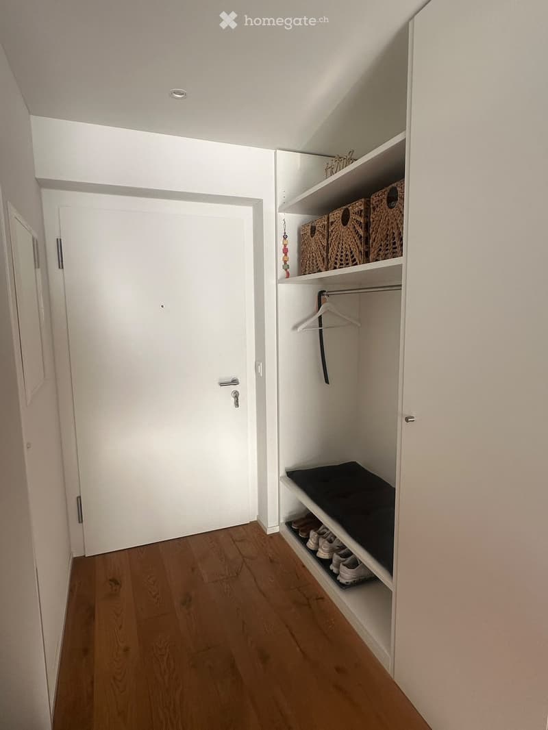 A narrow hallway with wooden flooring, white walls, and a built-in closet with shelves holding shoes and baskets. A closed white door is visible at the end of the hallway.