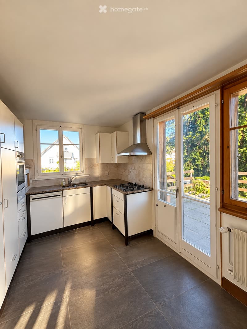 Modern kitchen with white cabinets, stainless steel appliances, granite countertops, and large windows offering a view of greenery outside.