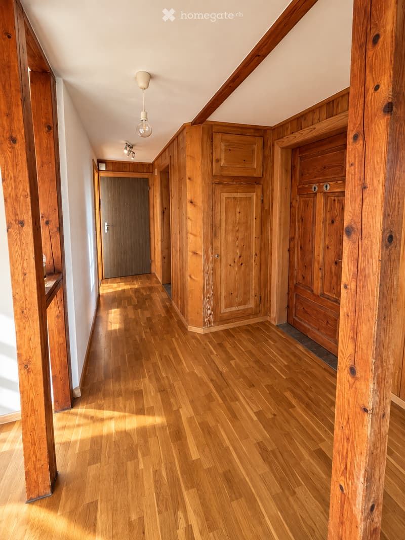 Wooden hallway with polished hardwood floors, wooden walls, and built-in wooden cabinets. Features a hanging light fixture and recessed lighting, with a door visible at the end.