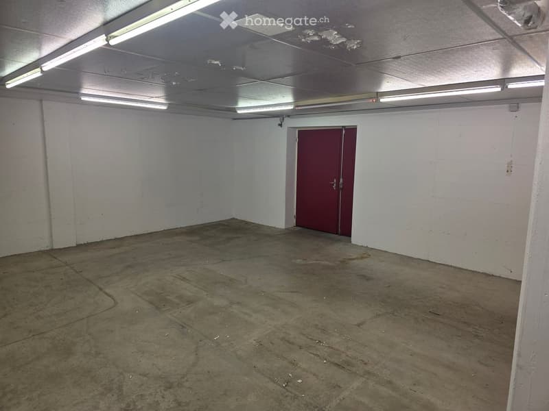 Empty room with white walls, concrete floor, and a red door. The ceiling has fluorescent lighting.