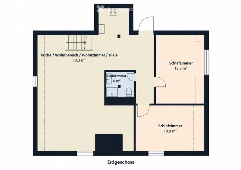 Layout of a ground floor with a combined kitchen/living/dining area (70.3 m²), two bedrooms (19.3 m² and 18.9 m²), and a bathroom (4 m²).