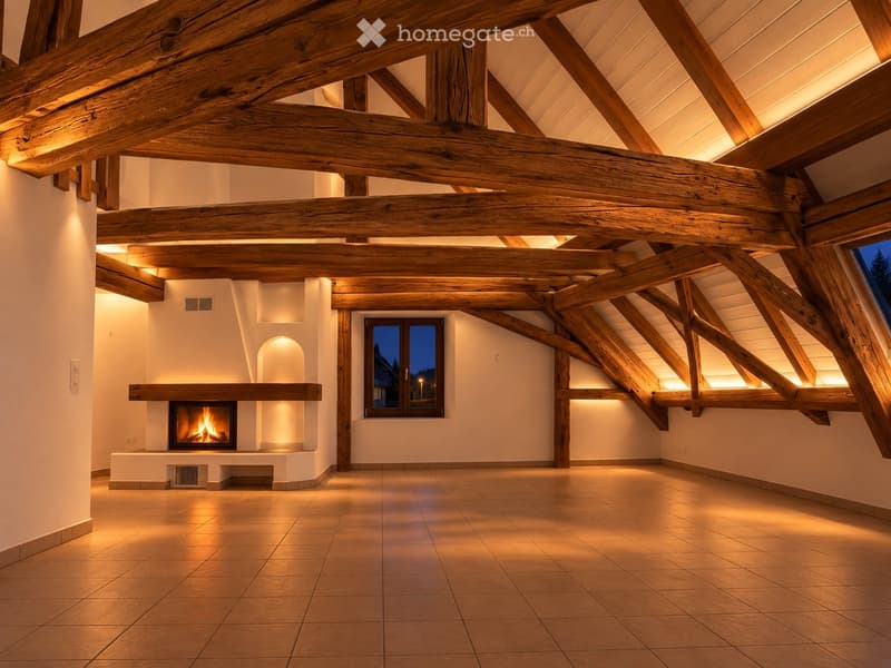 Living room with exposed wooden beams, tiled floor, and a lit fireplace.