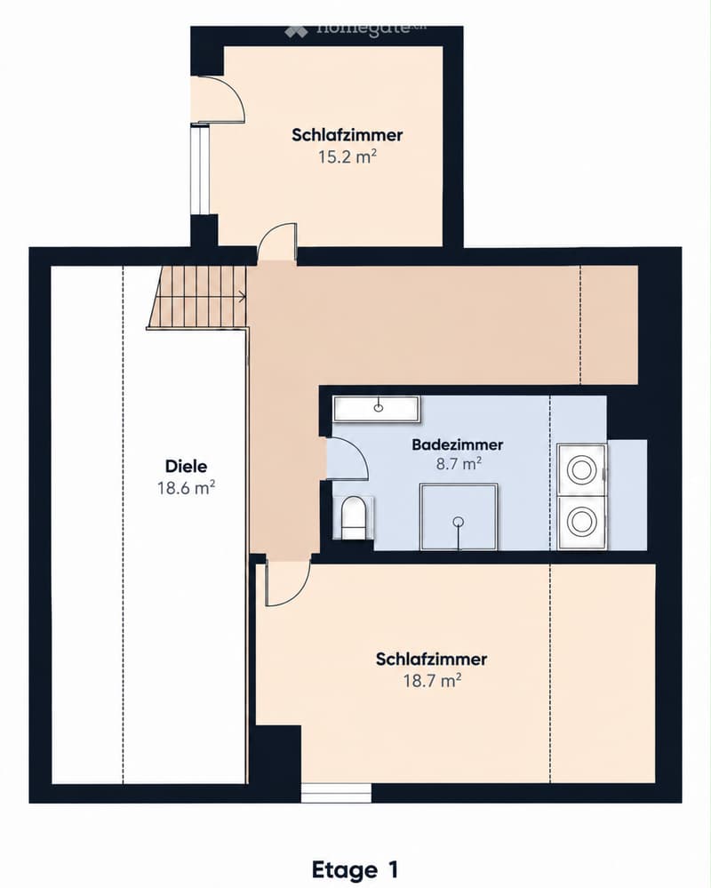 Floor plan of a 1st floor showing a kitchen (Diele), two bedrooms (Schlafzimmer), and a bathroom (Badezimmer).