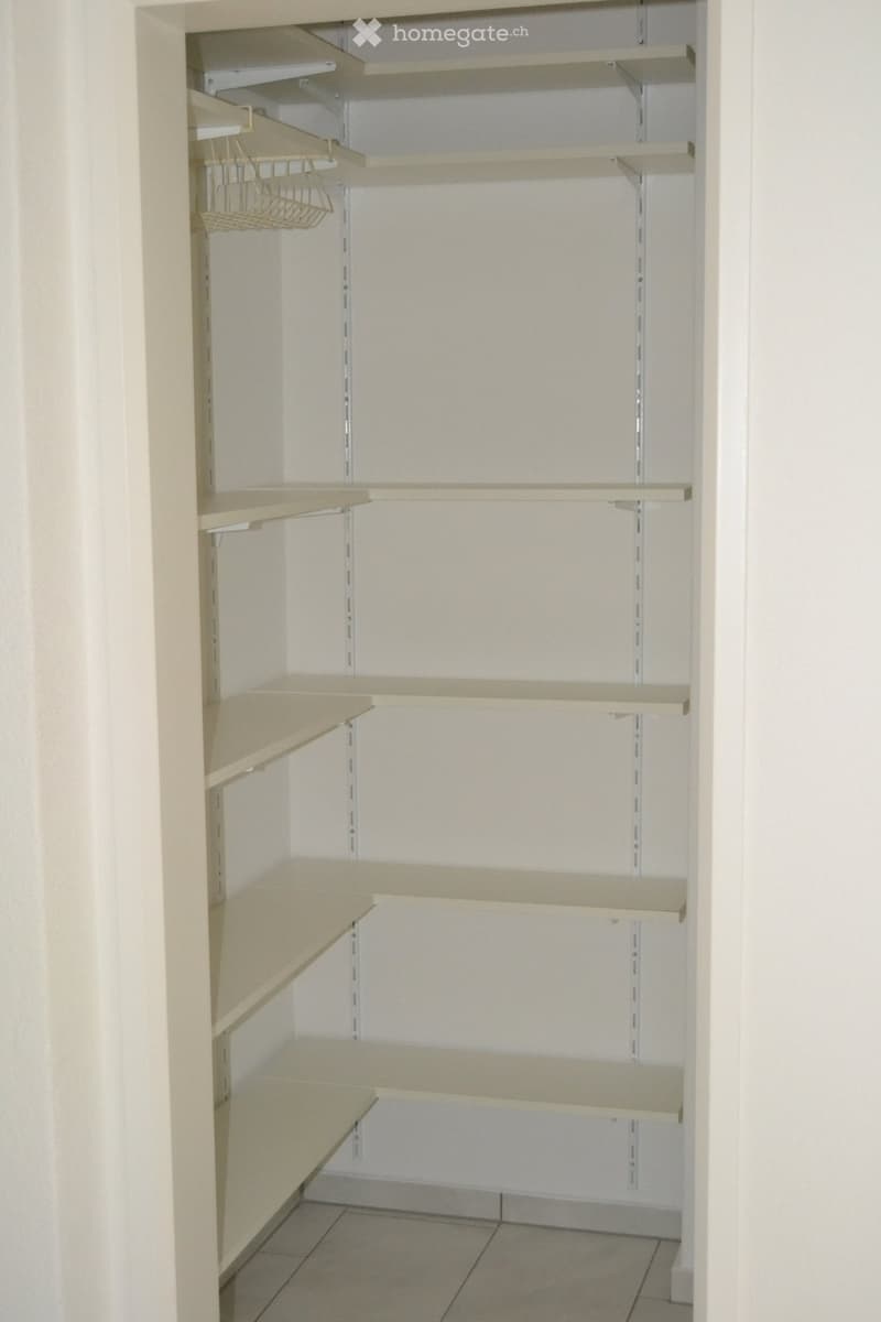 Empty closet with multiple beige shelves and a small wire basket on the top left shelf.