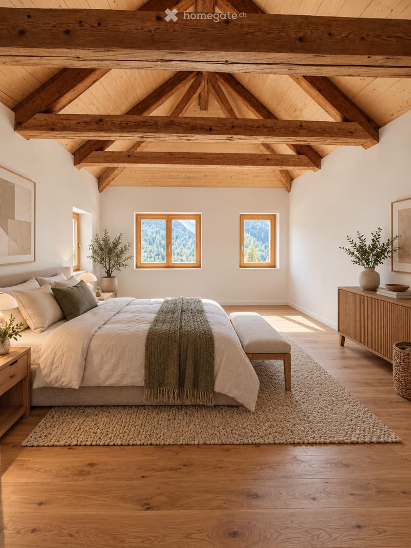 Cozy bedroom with exposed wooden beams, large windows, a bed with pillows and a blanket, nightstands, a bench, and a woven rug.