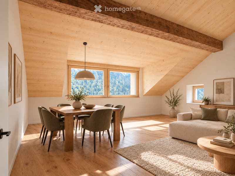Bright, open living and dining area with wooden beams, large windows offering a view, a sofa, coffee table, dining table with chairs, pendant light, and decorative vases.