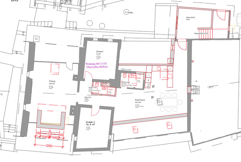 Floor plan of a multi-level residential unit with labeled rooms including living area, kitchen, bedrooms, bathrooms, and balconies.