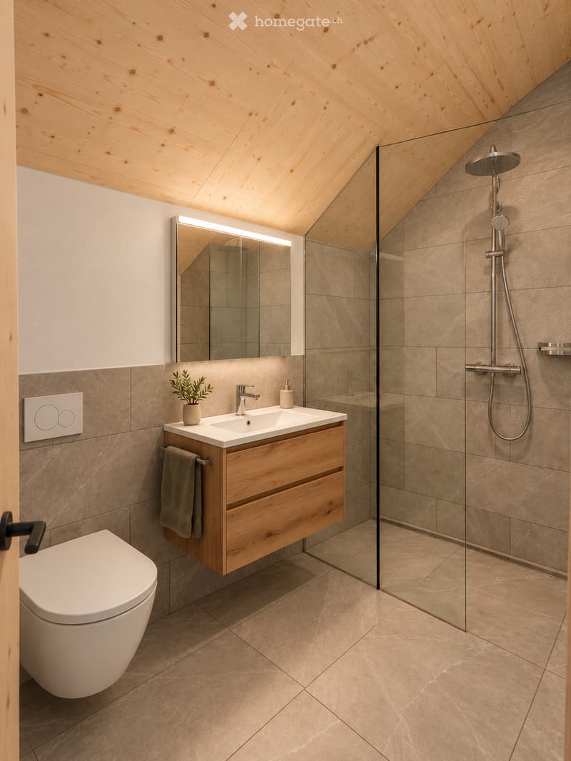 Modern bathroom with wooden ceiling, marble tiles, a toilet, a sink with a wooden cabinet, a shower with a glass enclosure, and a mirror with built-in lighting.