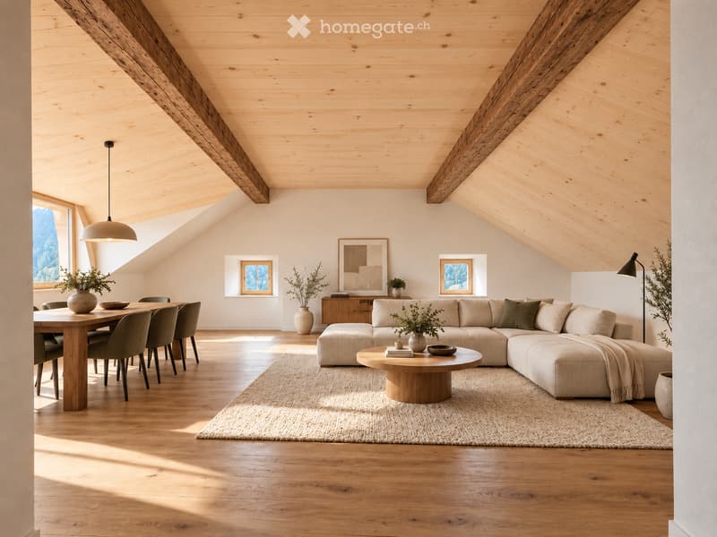 Bright, airy living and dining area with exposed wooden beams, large windows, a sectional sofa, coffee table, dining table with chairs, and decorative vases.