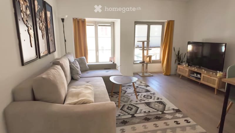 Modern living room with a grey sectional sofa, coffee table, cat tree, TV stand, and a patterned rug.