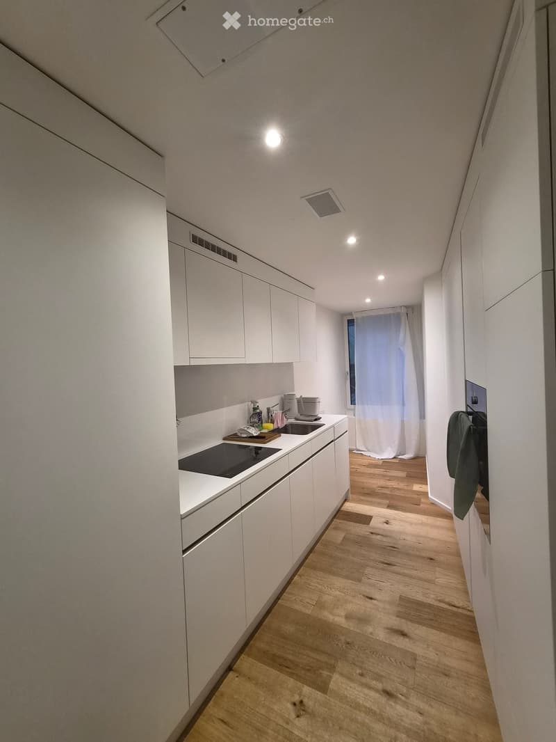 Modern kitchen with white cabinets, wooden flooring, and a small sink area with a coffee maker and other small appliances.