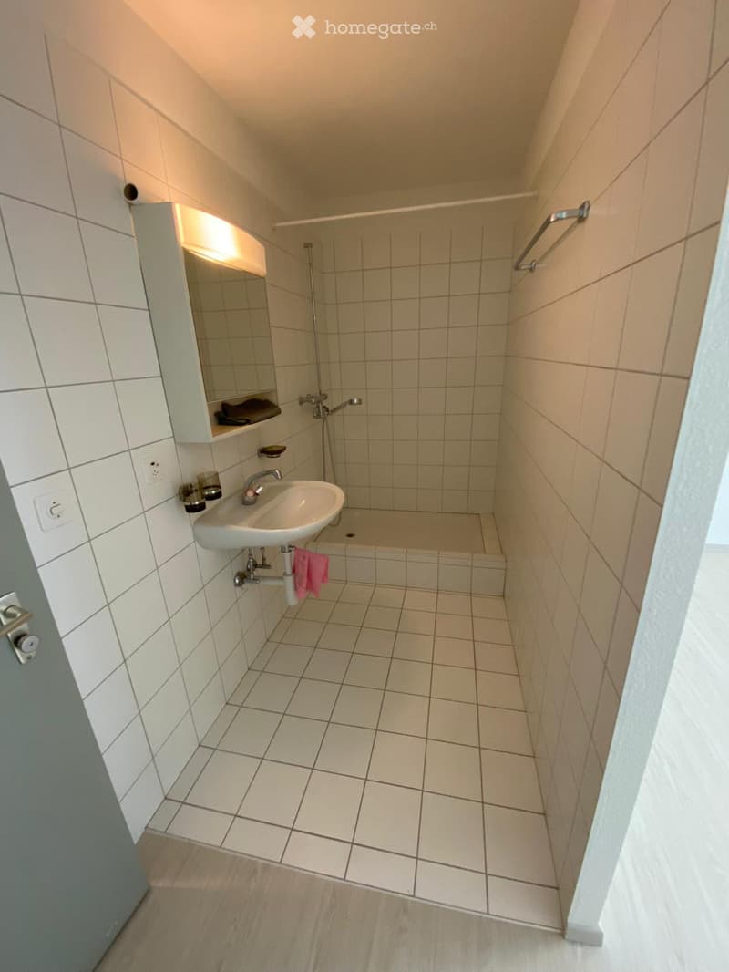Bathroom with white tiles, sink, shower, mirror, towel rack