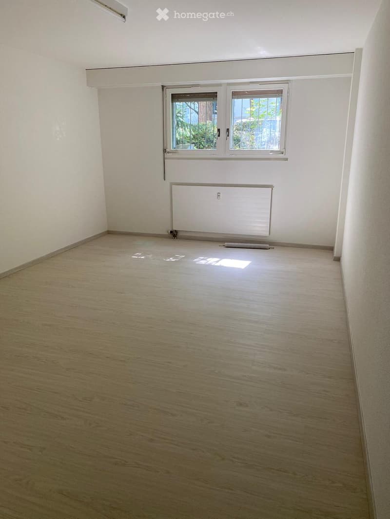 empty room, wooden floor, radiator, window, outside view