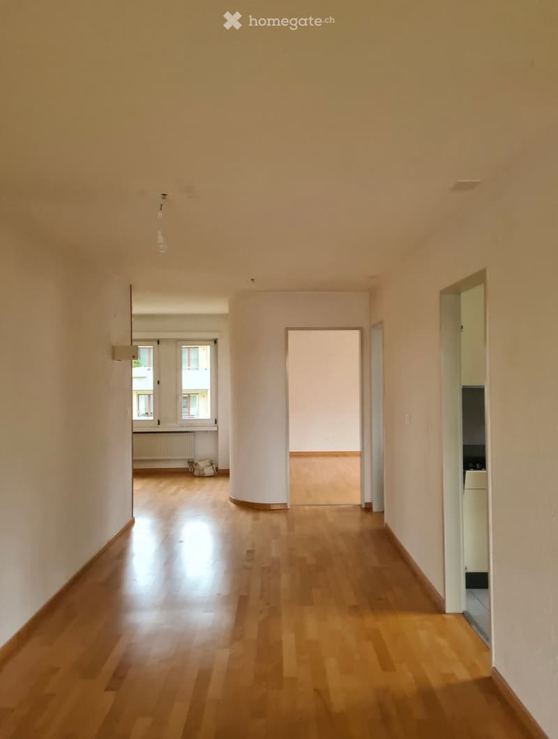 Empty hallway with wooden flooring, light-colored walls, and several doors leading to other rooms.