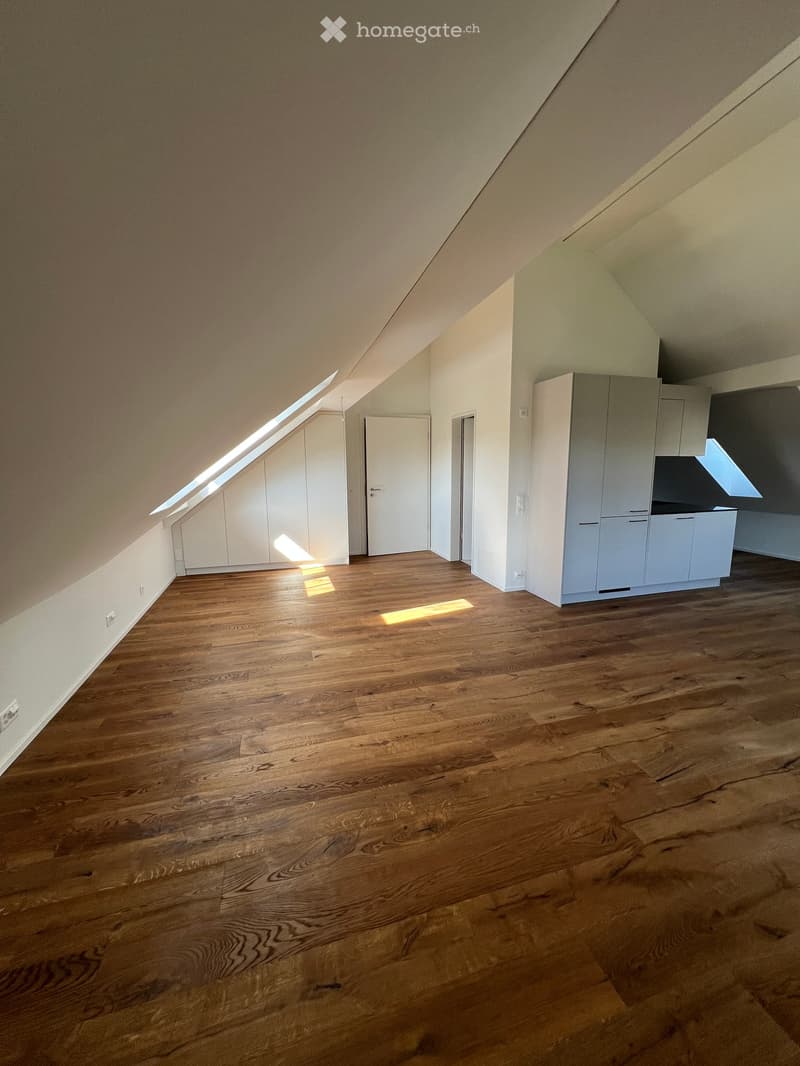 Empty attic space with wooden flooring, white walls, built-in cabinets, and a small kitchen area with white cabinets and a countertop.