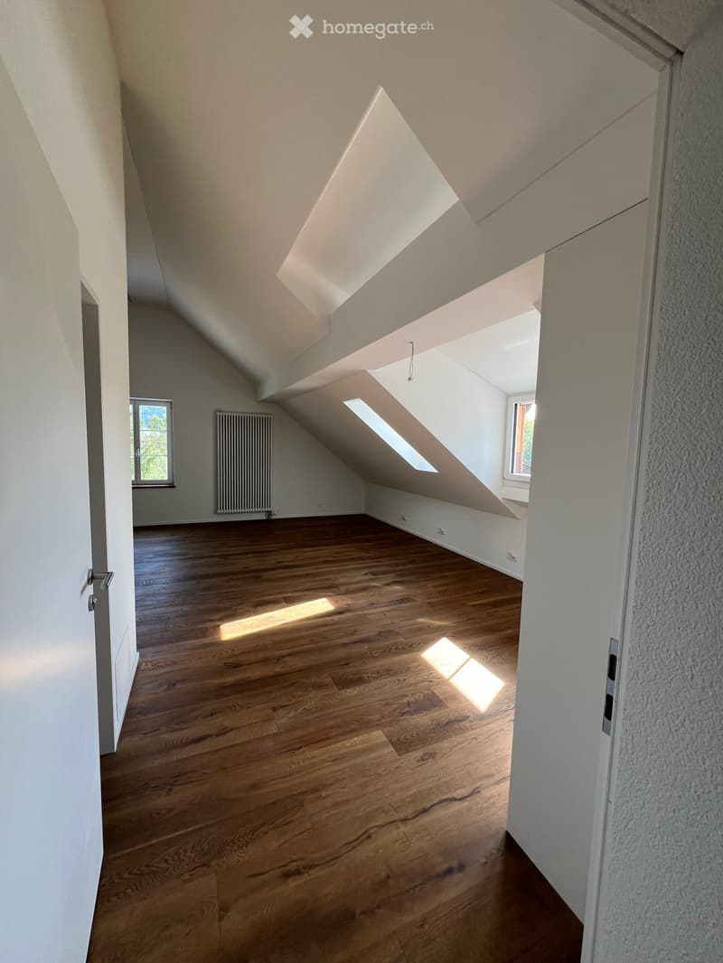 Empty attic room with wooden flooring, slanted ceilings, skylights, and a window. No furniture or equipment present.