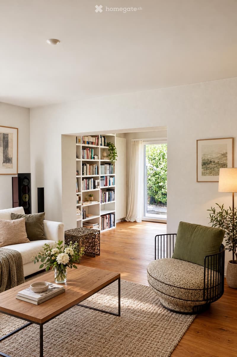 Modern living room with a white sofa, wooden coffee table, bookshelf, and a large window leading to a garden view.