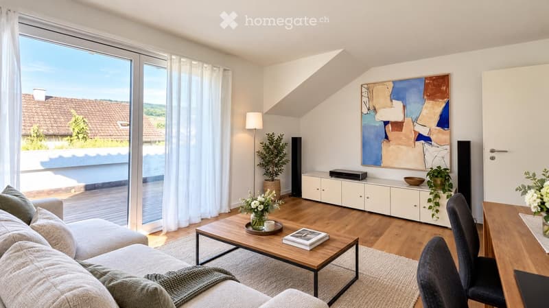 Bright living room with large windows and a view, featuring a grey sofa, wooden coffee table, chairs, potted plants, a cabinet, and a painting on the wall.