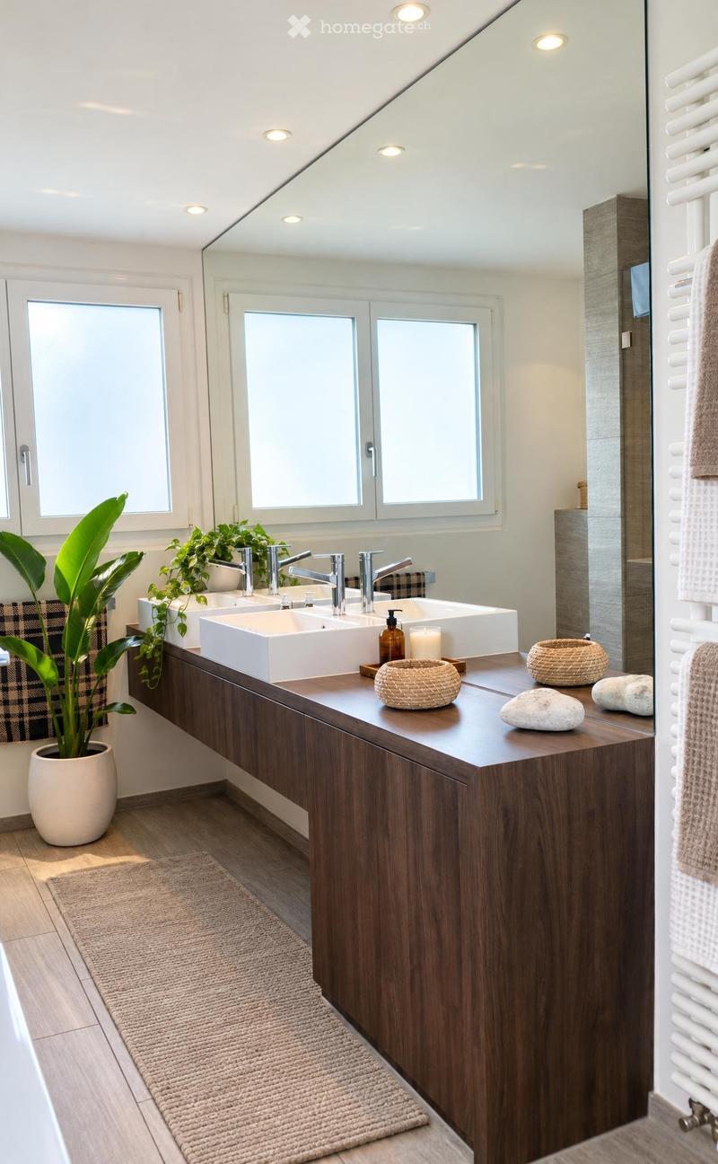 Modern bathroom with double sink, large mirror, wooden vanity, decorative items, and plants.