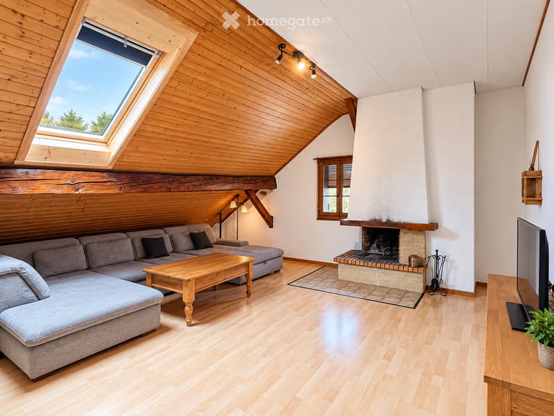 Bright living room with wooden floors, slanted wooden ceiling, skylight window, grey sectional sofa, wooden coffee table, fireplace, TV, and potted plant.