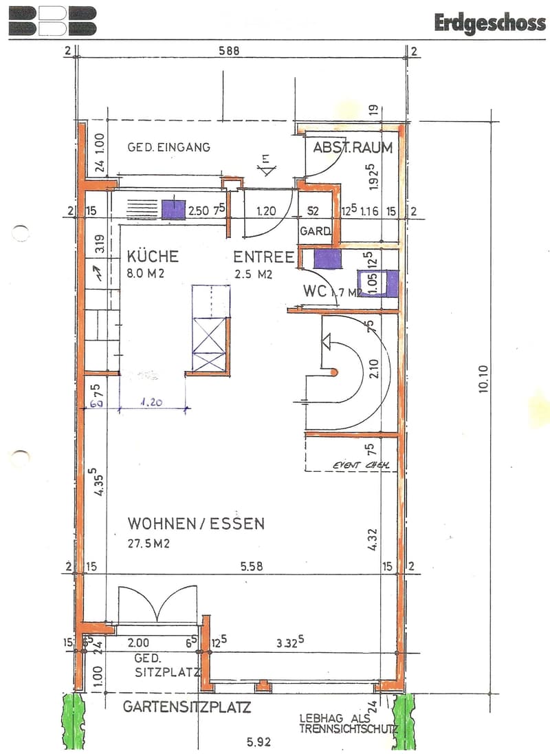 Ground floor plan showing kitchen, living/dining area, entrance, WC, storage room, garden seating area, and event chair storage.