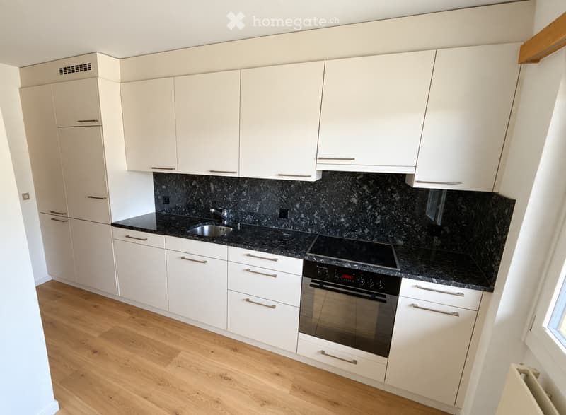 Modern kitchen with white cabinets, black granite countertop, stainless steel sink and faucet, built-in oven, and stove. Wooden flooring throughout.