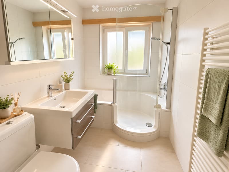 Modern bathroom with a white sink, chrome faucet, toilet, bathtub, radiator with a green towel, and a large mirror above the sink. A small window with a plant on the sill provides natural light.