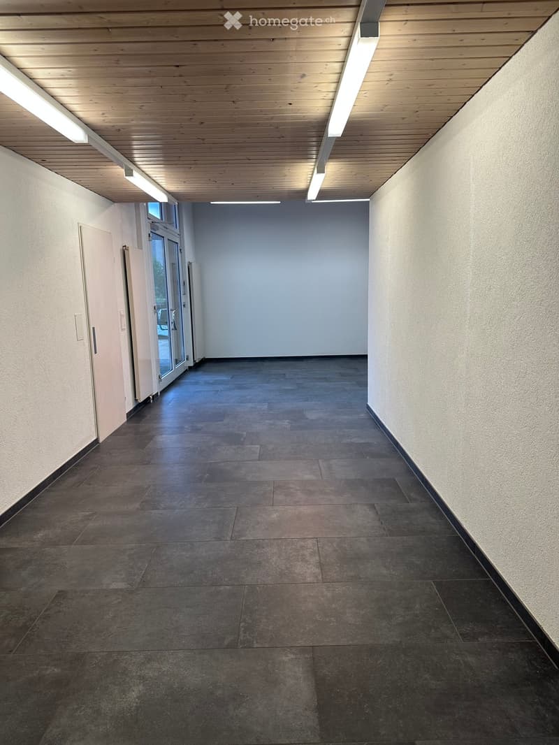 Empty hallway with dark tiled floor, light-colored walls, wooden ceiling, and recessed lighting. Features a door on the left and a glass door at the end.