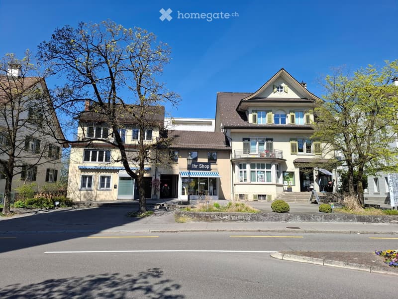 Buildings with shops on the ground floor and multiple apartments above, located along a street with trees and a sidewalk.