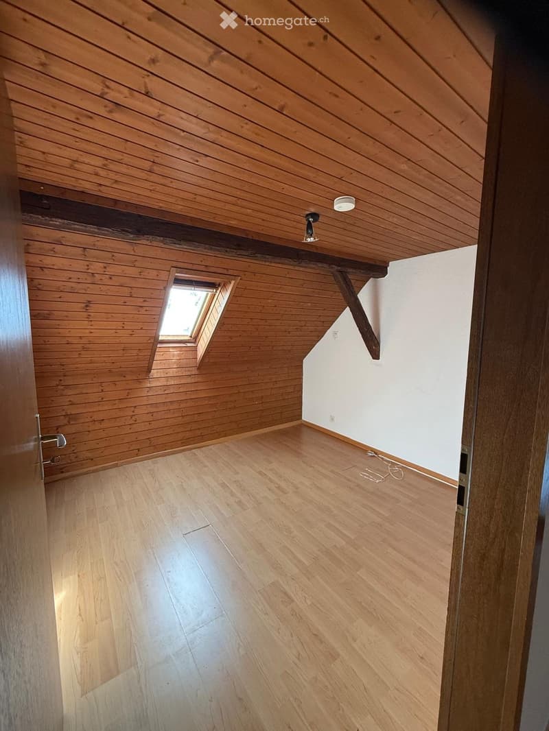 Empty attic room with wooden walls, ceiling, and floor, featuring a small skylight window and a single light fixture.