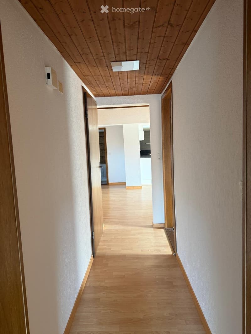 A clean, well-lit hallway with wooden flooring and light-colored walls. The ceiling features wooden paneling and a recessed light fixture. Two wooden doors are visible on either side, leading to other rooms.