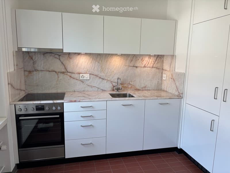 Modern kitchen with white cabinets, marble countertop, built-in oven, and sink.