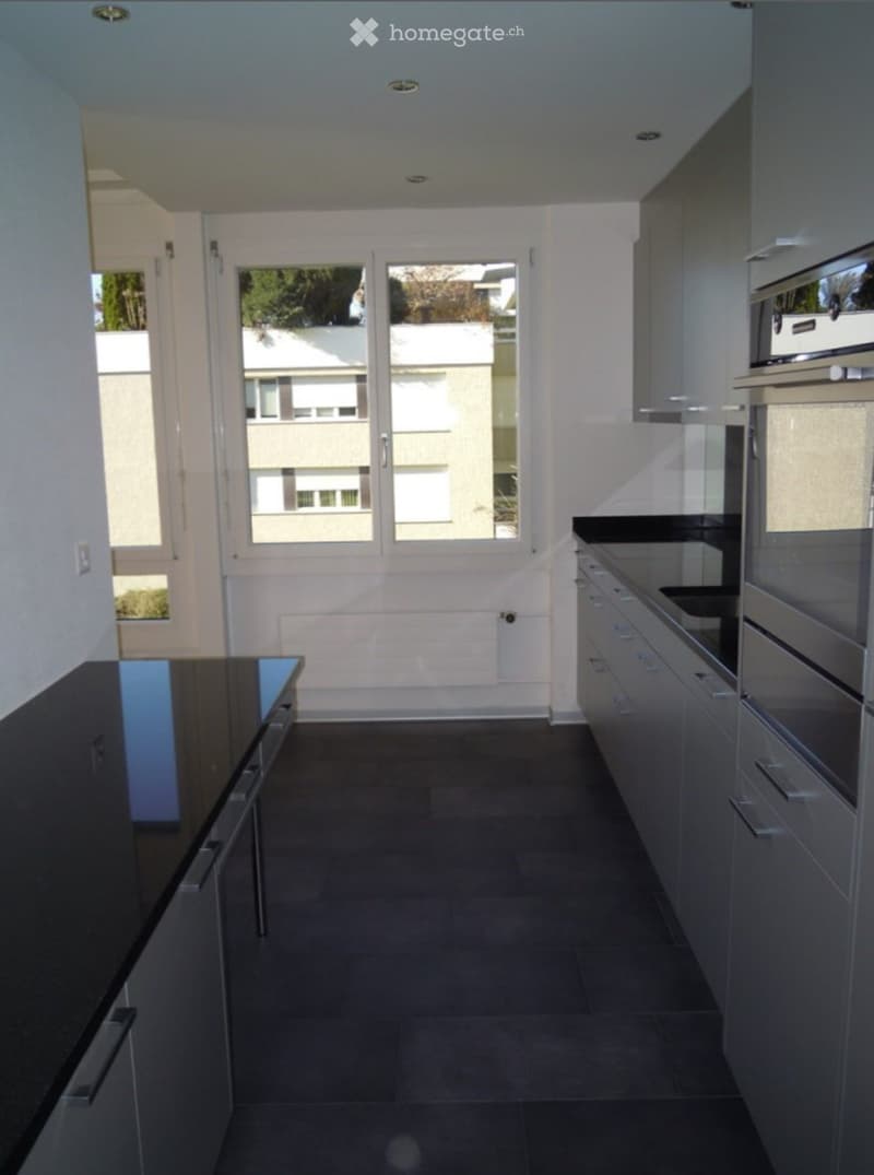 Modern kitchen with grey cabinets, black countertop, and stainless steel appliances. Large windows and sliding doors provide natural light and access to the outdoor area.