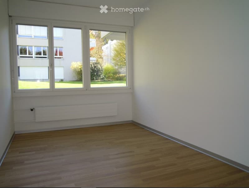 Empty room with wooden flooring, white walls, large windows, and a radiator below the windows.