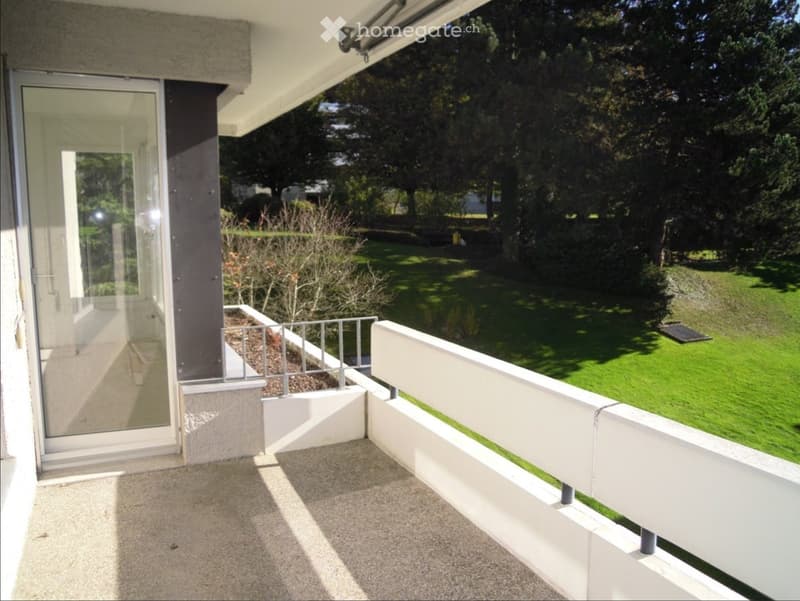 Balcony with white railing, concrete floor, and a view of a green lawn and trees.