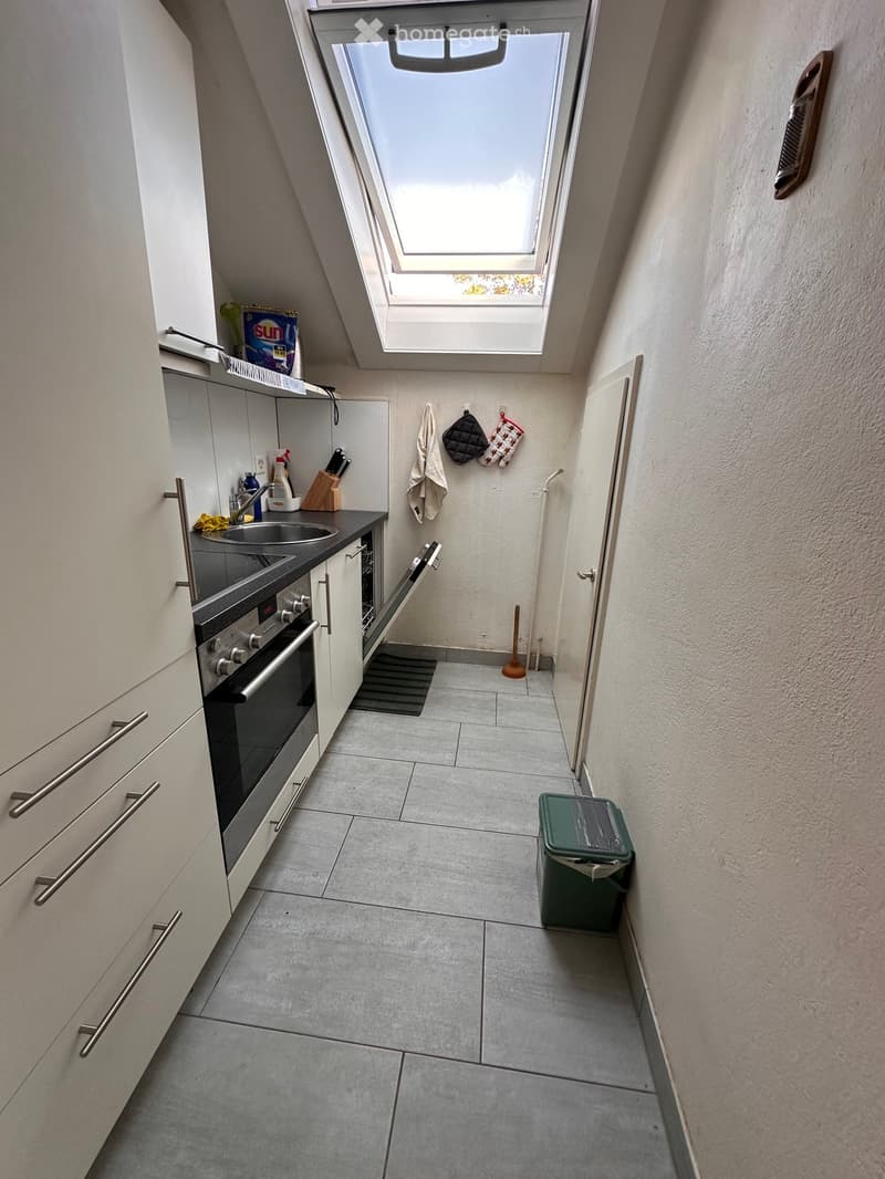 Modern kitchen with white cabinets, stainless steel oven, sink, and a skylight window above. Includes cleaning supplies, oven mitts, and a trash bin.