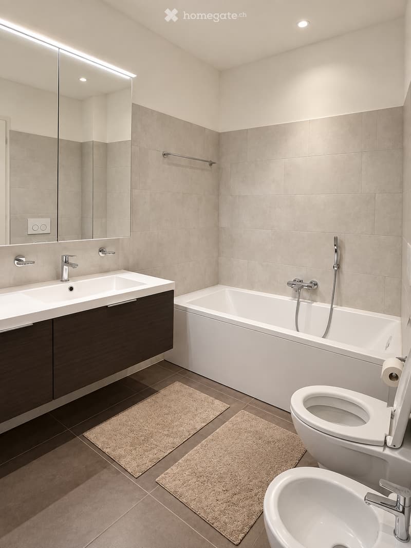 Modern bathroom with beige tiles, a white bathtub, toilet, sink, and a large mirror with built-in lighting. Includes a dark wooden cabinet under the sink and two small beige rugs on the floor.