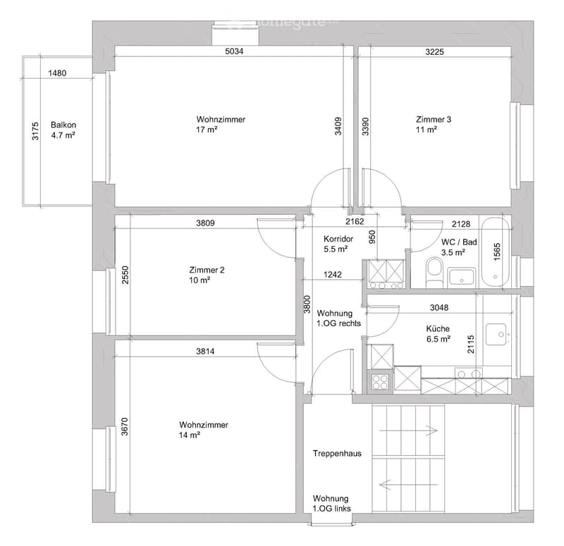 Floor plan showing a two-story apartment layout with living room, kitchen, three bedrooms, bathroom, and balcony.