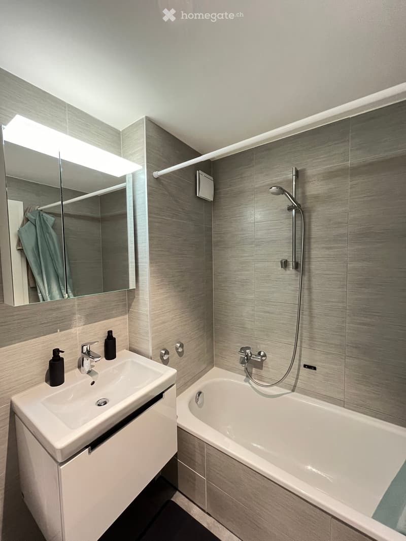 Modern bathroom with a white sink, bathtub, and large mirror. Grey tiled walls and a sleek design.