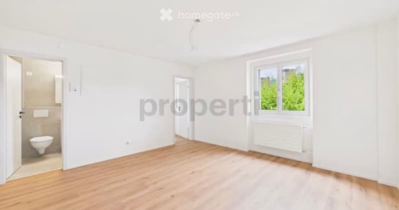 Empty room with light wooden flooring, white walls, and a large window with white frames. A small adjacent bathroom is visible with a toilet and sink.