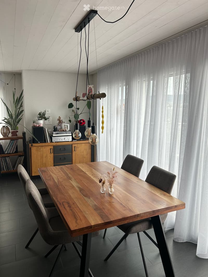 Modern dining area with a wooden table, four chairs, a hanging light fixture, a wooden cabinet, and decorative plants.