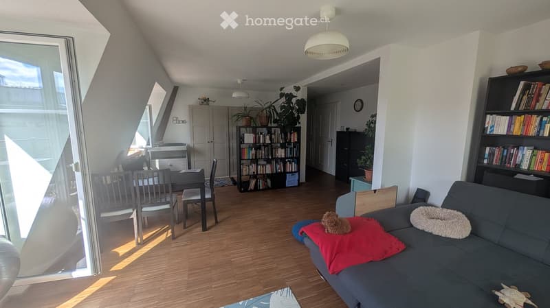 Bright living room with wooden flooring, large windows, a sofa with cushions, a dining table with chairs, and bookshelves.