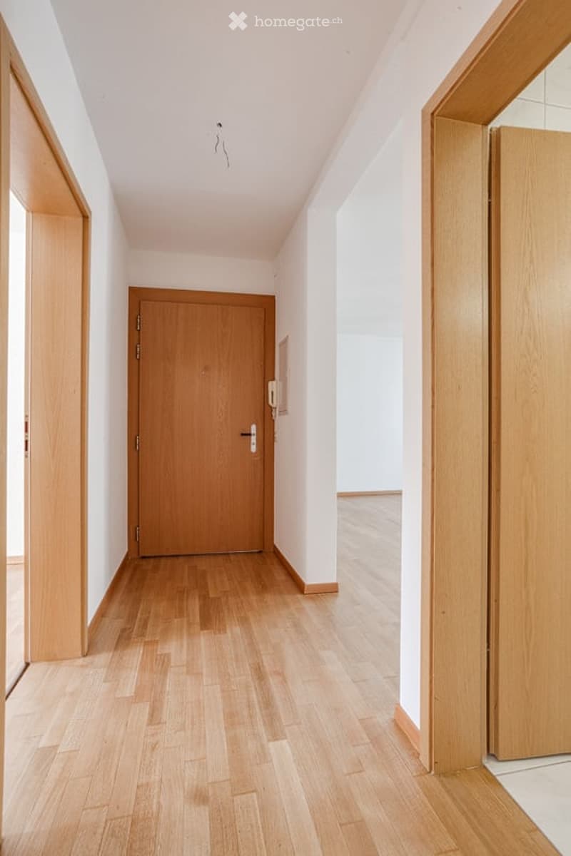 Empty hallway with wooden flooring, white walls, and wooden doors on both sides.