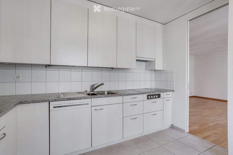 Modern kitchen with white cabinets, granite countertop, stainless steel sink, and built-in dishwasher.