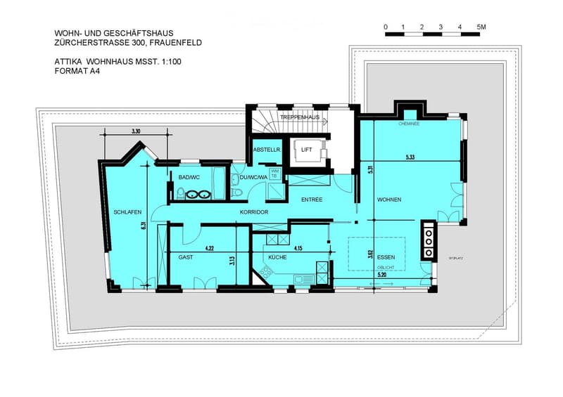 Floor plan of an attic residential unit with labeled rooms including living, dining, kitchen, bedroom, bathroom, and storage areas.