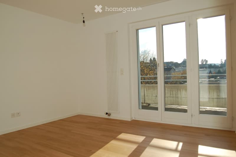 Empty room with wooden flooring, white walls, large glass doors leading to a balcony, radiator, and electrical outlets.